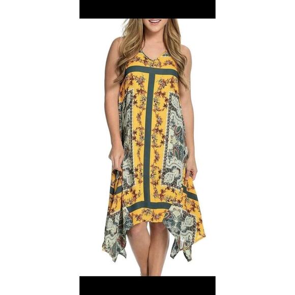 One World Sleeveless Yellow Floral V-Neck Handkerchief Dress Medium Boho - Picture 1 of 10